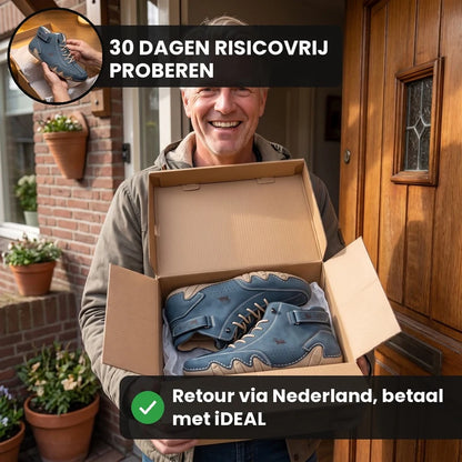 Barevo orthopedische schoenen – Donkerblauw, lifestyle op straat