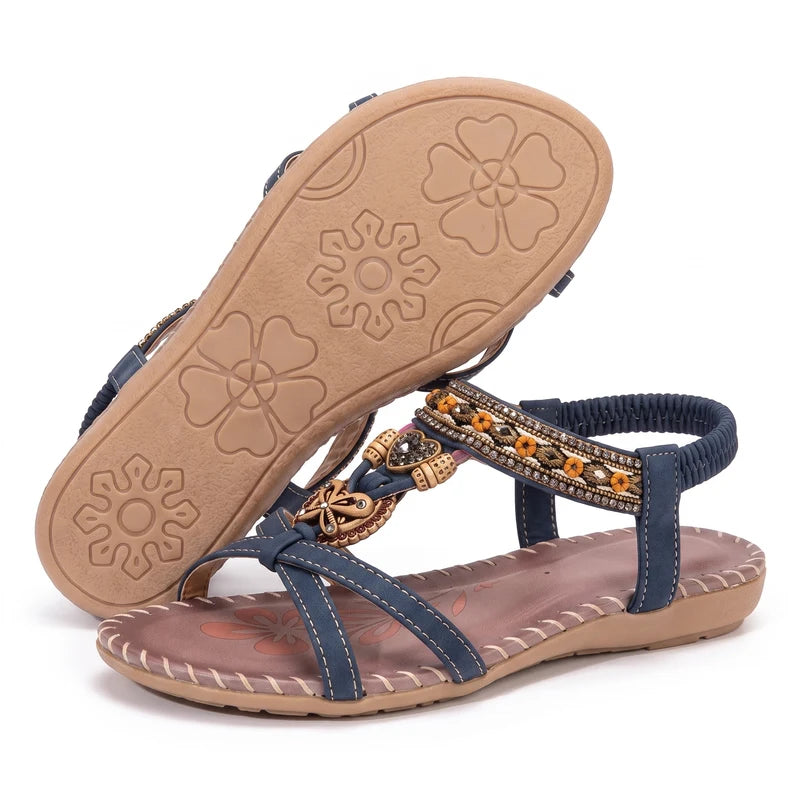 Belleva open teen sandalen – Bruin-blauw, zijaanzicht en zool
