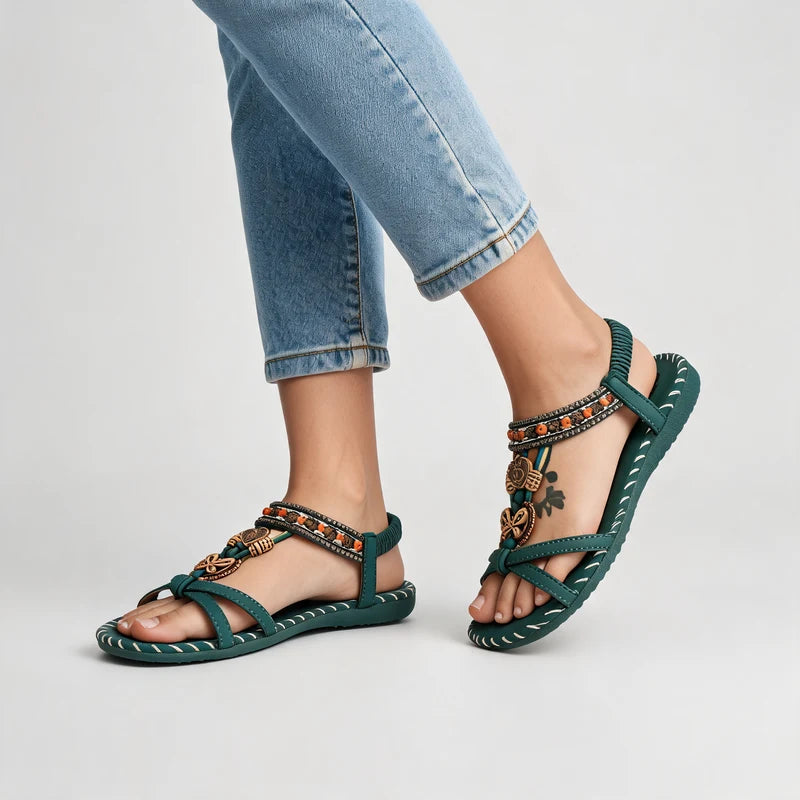 Belleva open teen sandalen – Donkergroen, gedragen door model