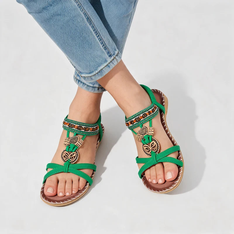 Belleva open teen sandalen – Groen-bruin, gedragen door model
