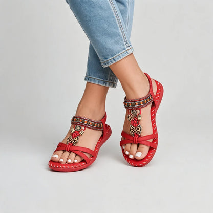 Belleva open teen sandalen – Rood, gedragen door model