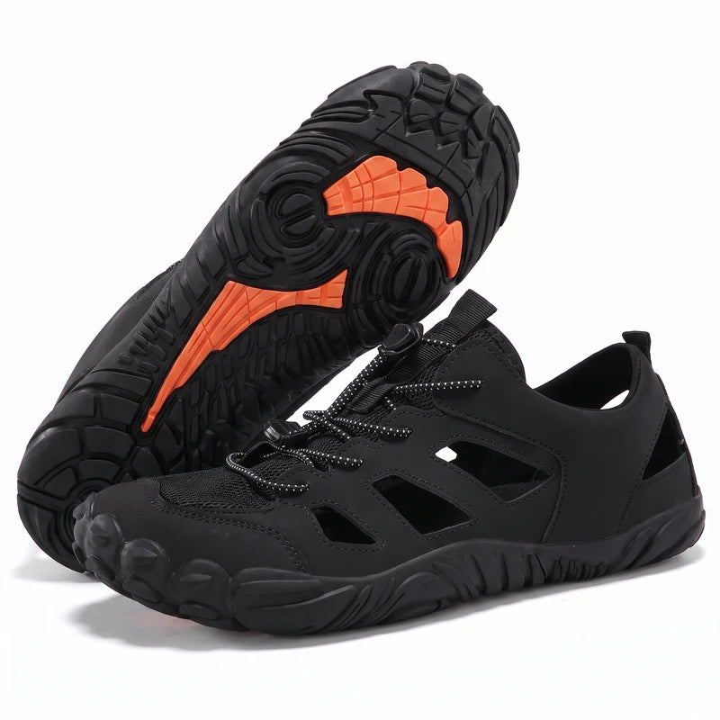 Terrastep terrastep: lichte & ademende barefoot sandalen – Zwart, zijaanzicht en zool
