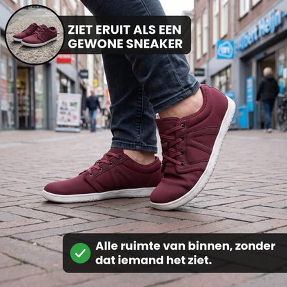 Vrijstep ademende comfortschoenen – Rood, lifestyle op straat