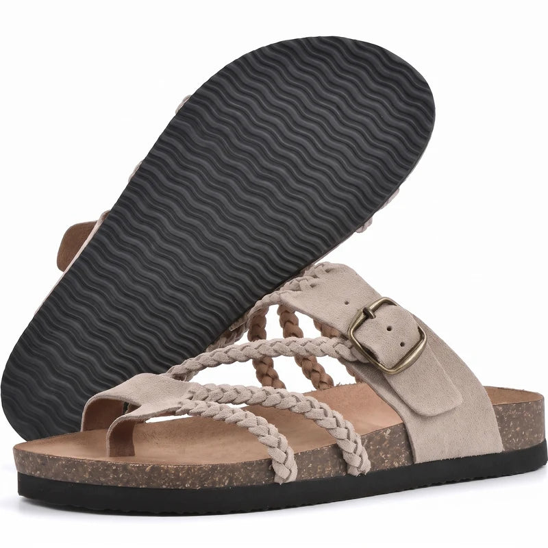 Zomerstep gevlochten leren sandalen – Abrikoos, zijaanzicht en zool
