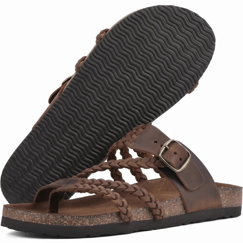 Zomerstep gevlochten leren sandalen – Bruin, zijaanzicht en zool