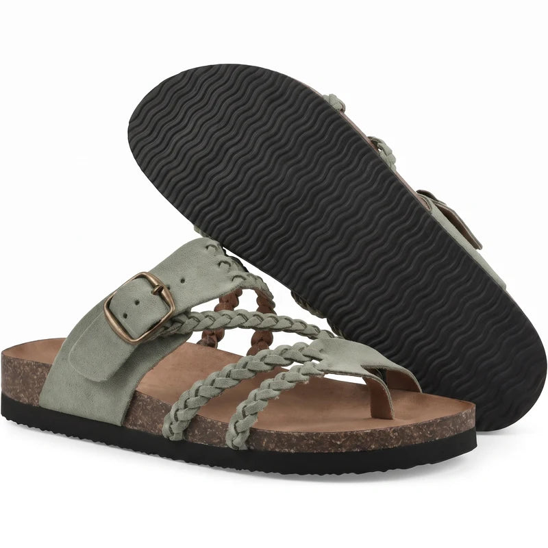 Zomerstep gevlochten leren sandalen – Groen, zijaanzicht en zool