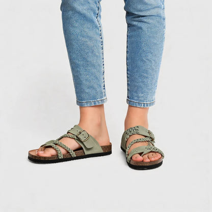 Zomerstep gevlochten leren sandalen – Groen, gedragen door model