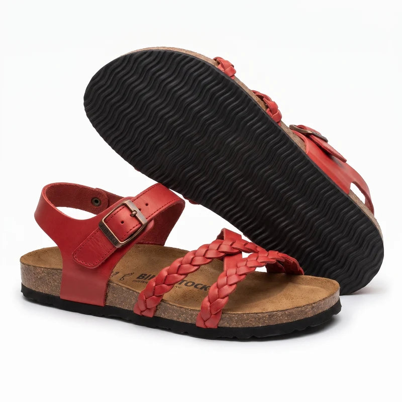 Zomerstep gevlochten leren sandalen – Rood, zijaanzicht en zool