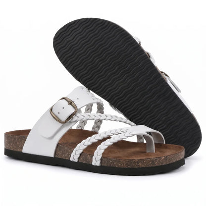 Zomerstep gevlochten leren sandalen – Wit, zijaanzicht en zool