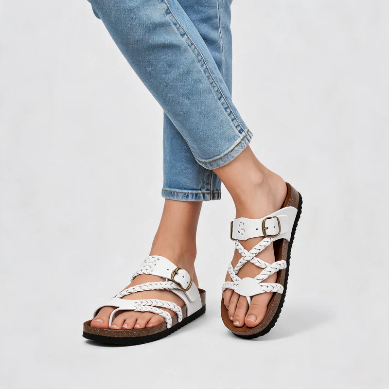 Zomerstep gevlochten leren sandalen – Wit, gedragen door model
