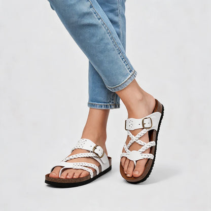 Zomerstep gevlochten leren sandalen – Wit, gedragen door model